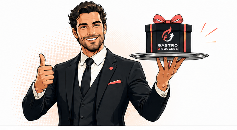 Gastro 2 Success Concierge mit Daumen hoch und Geschenk auf einem Tablett